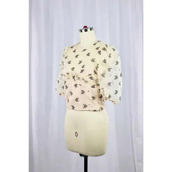 NWOT ZARA Sheer Organza Velvet Floral Puff Sleeve Bustier Crop Top Blouse Size S - Picture 5 of 13